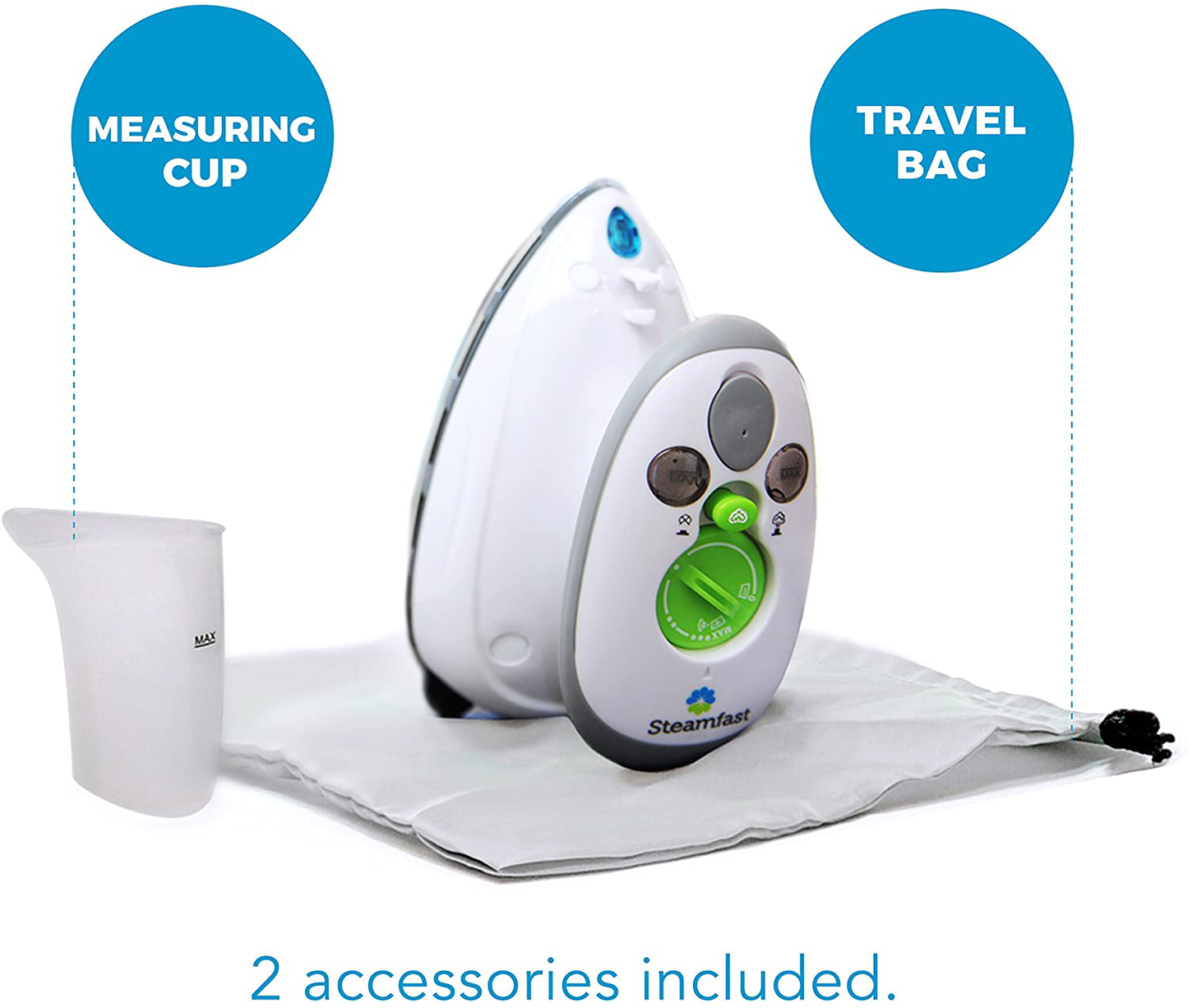 Steamfast SF-717 Mini Steam Iron with Dual Voltage, Travel Bag, Non-Stick Soleplate, Anti-Slip Handle, Rapid Heating, 420W Power, White