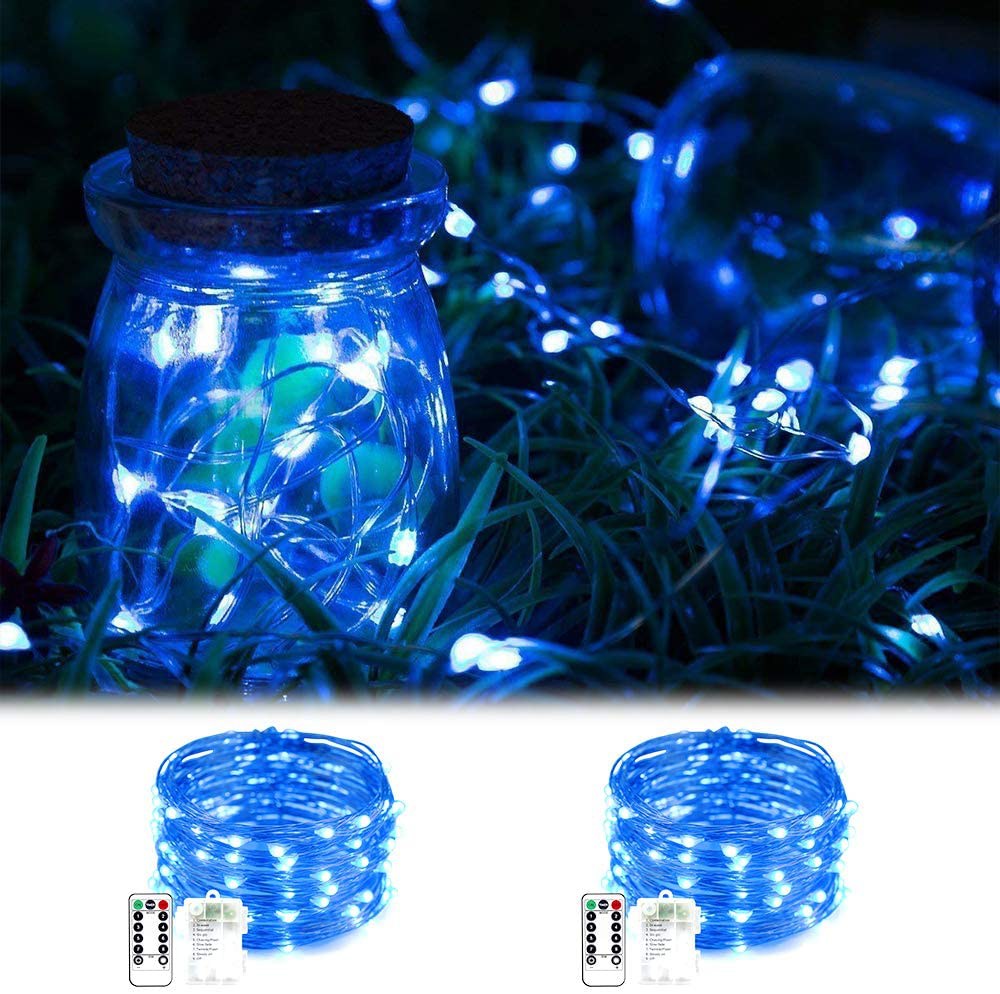 ANJAYLIA 2 Pack 33ft 100 LED Fairy Lights Battery Operated, Waterproof Blue String Lights with Remote Control Timer Copper Wire Dimmable Firefly Lights, Blue