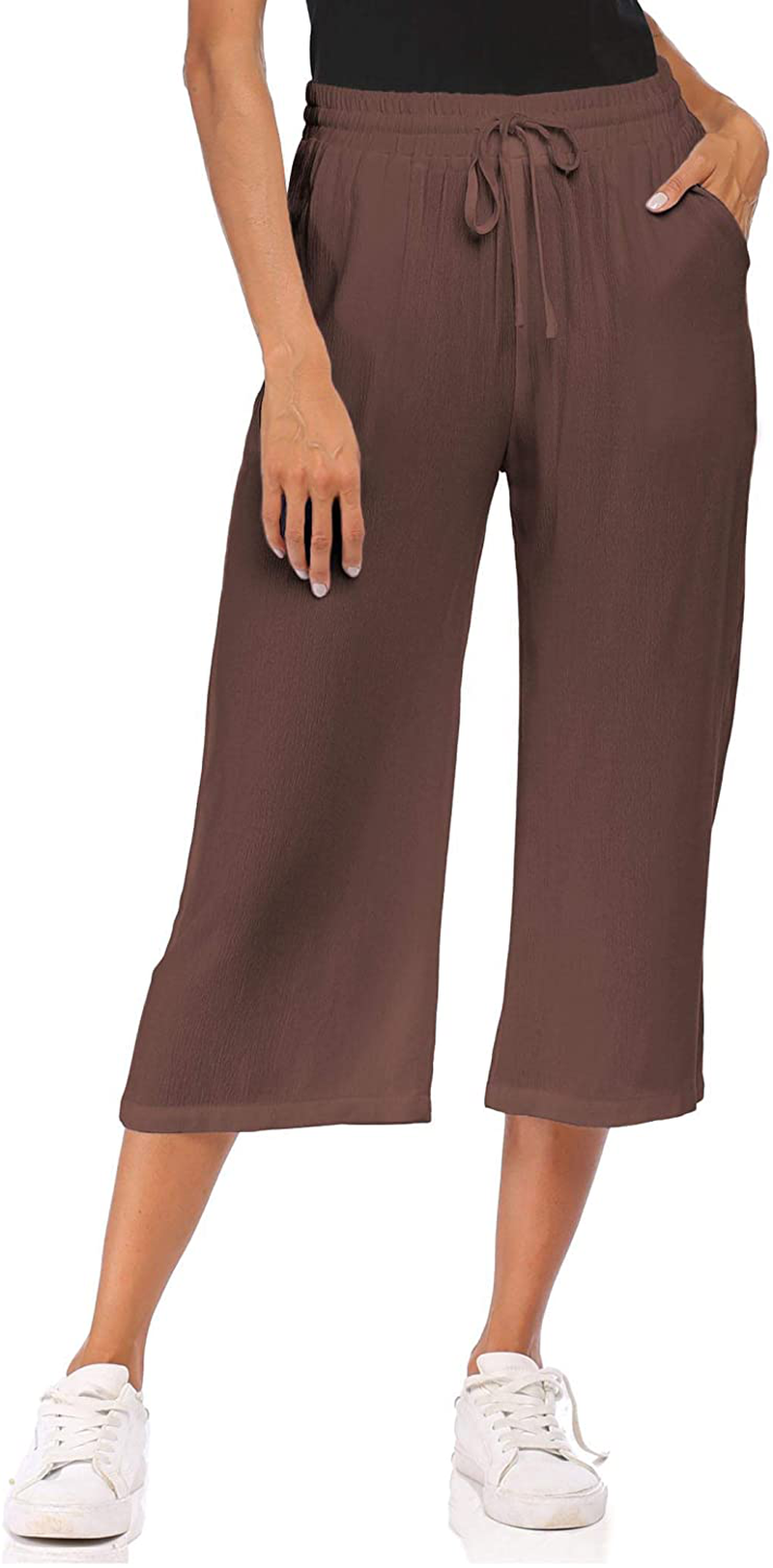 Wildtrest Women's Drawstring Cropped Wide Leg Pants Casual Loose Cotton Capri Trouser