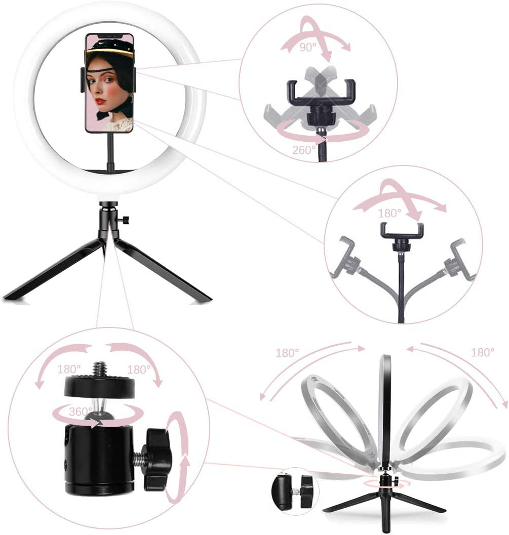 10" LED Selfie Ring Light with Tripod Stand & Phone Holder and Remote Control 5500K 120 Bulbs Dimmable Beauty Ringlight,Shooting with 3 Light Modes & 10 Brightness Level for Youtube/Live Stream/Makeup