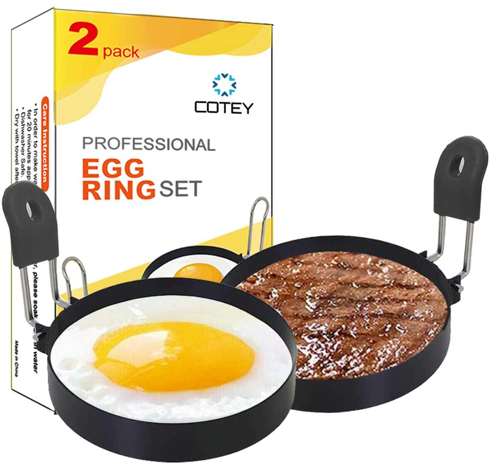 COTEY Large 3.5" Nonstick Egg Rings Set of 2, round Crumpet Ring Mold Shaper for English Muffins Pancake Cooking Griddle - Portable Grill Accessories for Camping Indoor Breakfast Sandwich Burger