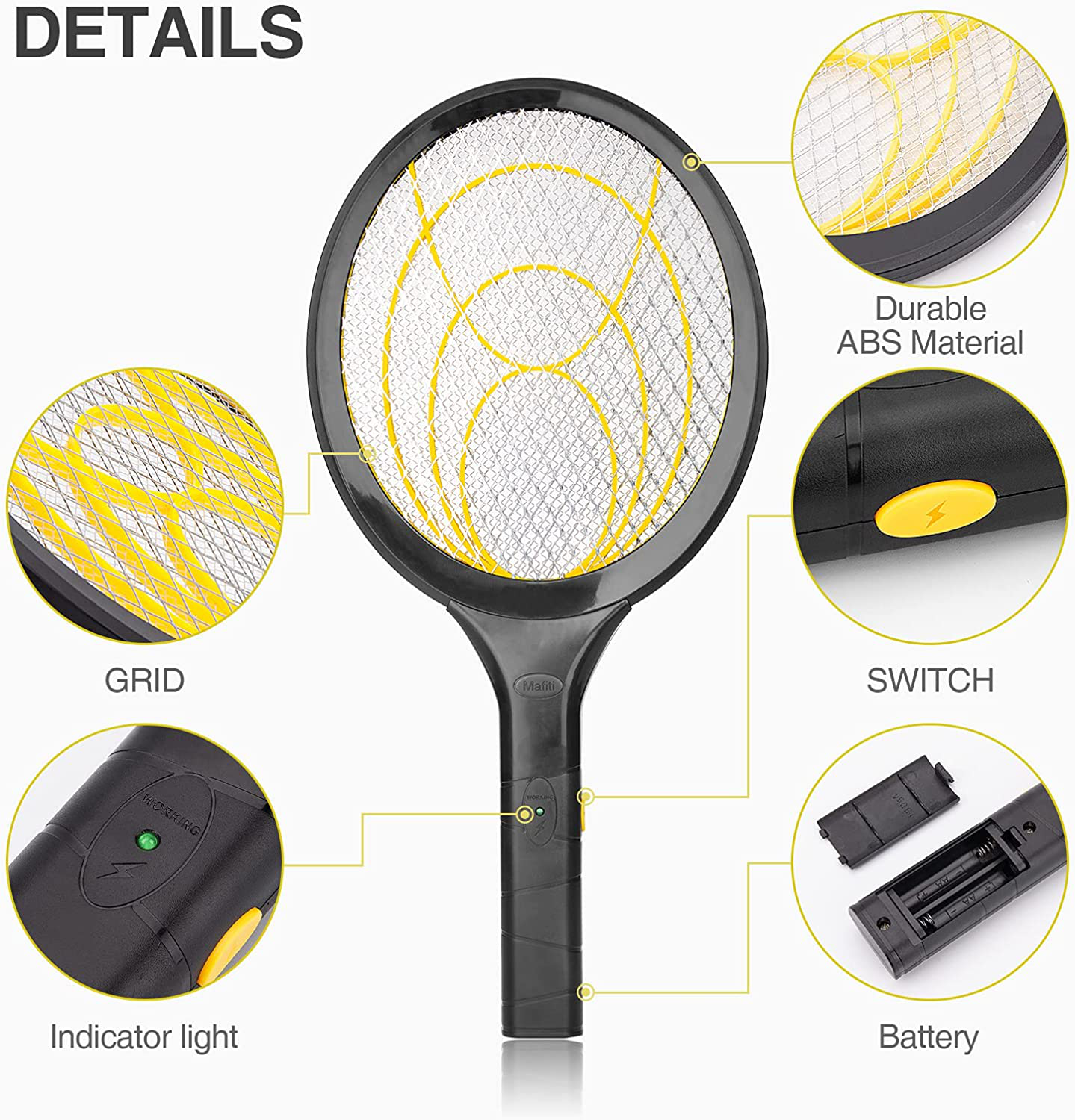 mafiti Electric Fly Swatter, Fly Killer Bug Zapper Racket for Indoor and Outdoor Pest Control, 2AA Batteries not Included (2, Yellow)