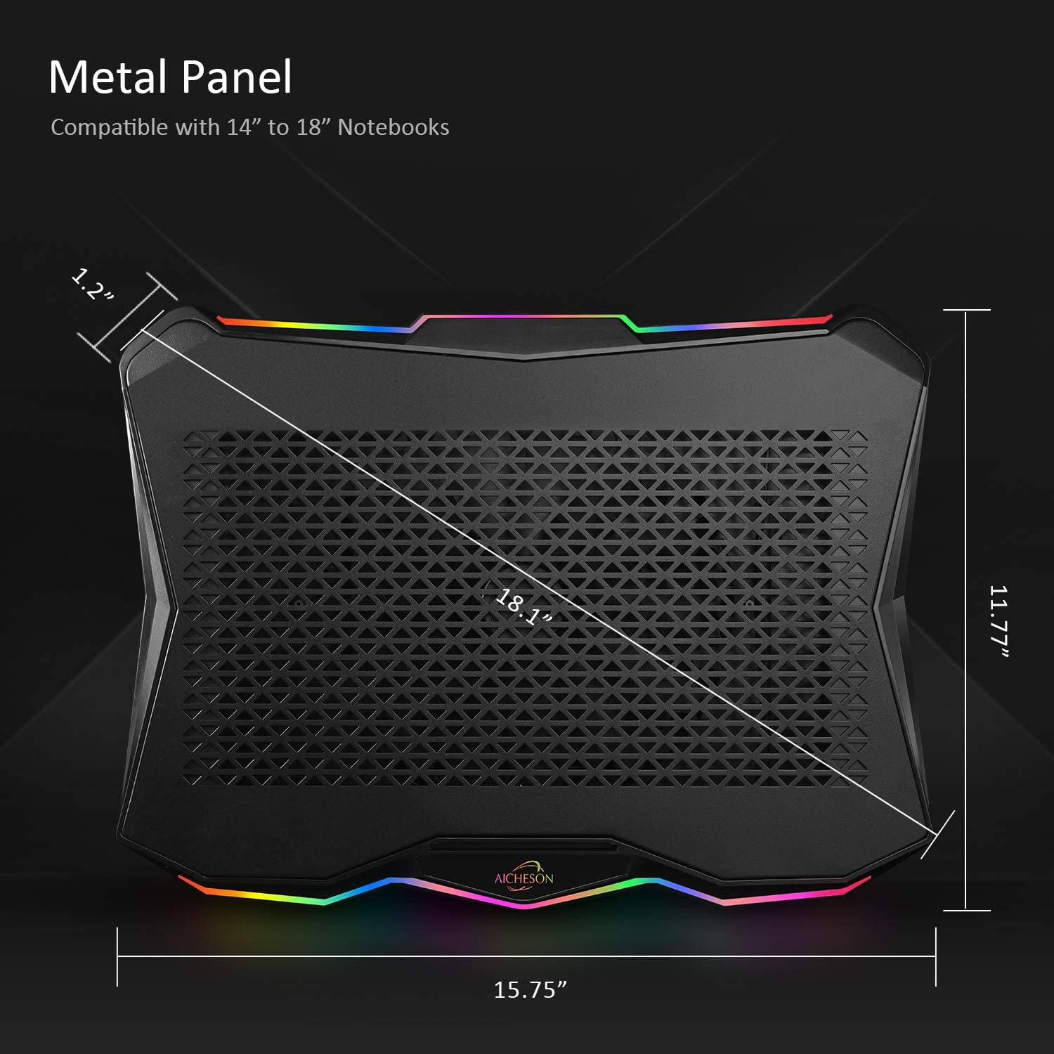 AICHESON Laptop Cooling Pad, Chill Pad for 15.6-17.3 Inch Notebook with 7 Height Slots, 2 USB Ports, Rainbow Lights, Perfect for Reducing Temperature of Laptop, AA3