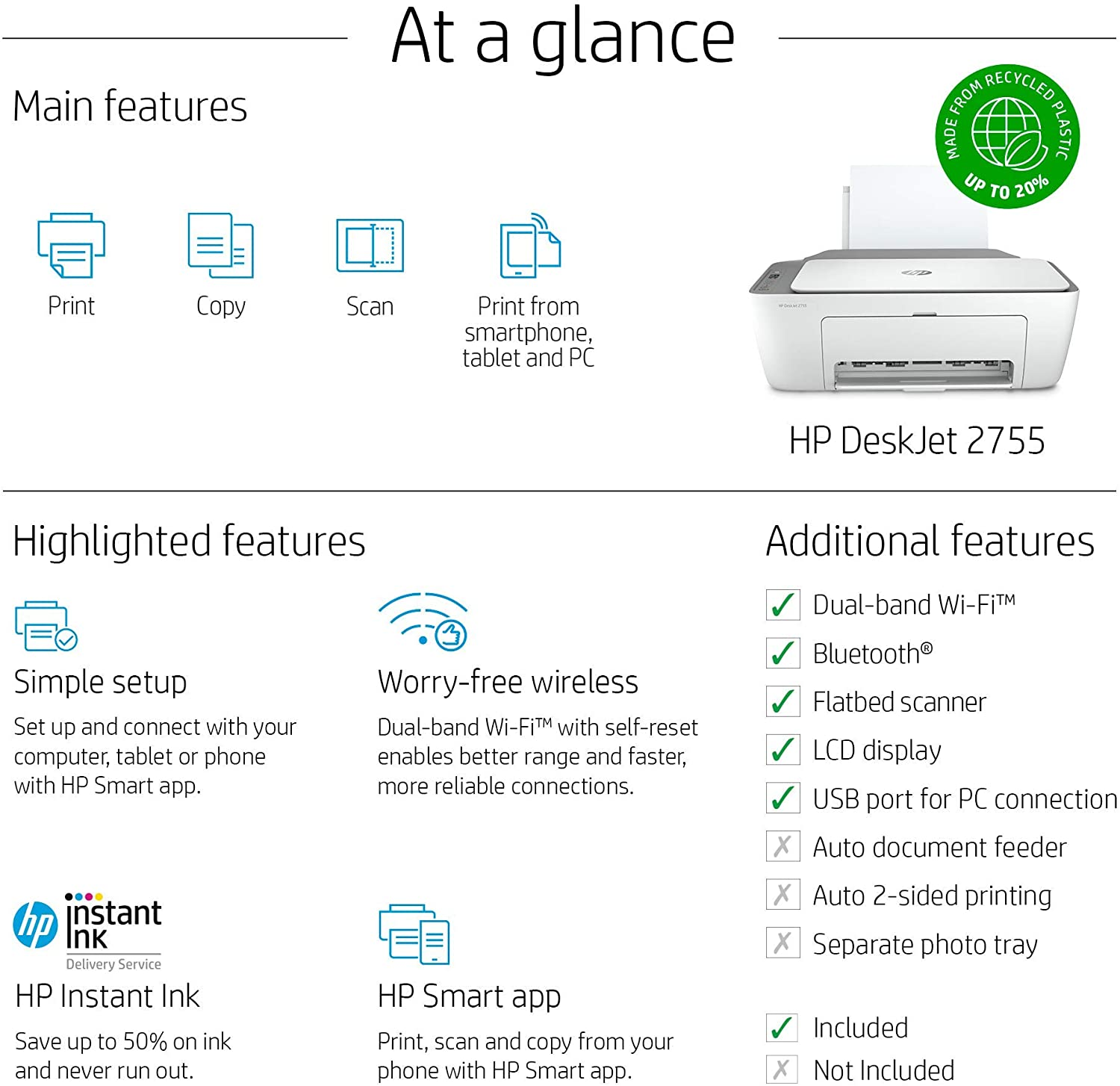 HP Deskjet 2755 Wireless All-In-One Printer | Mobile Print, Scan & Copy | HP Instant Ink Ready (3XV17A) (Renewed)