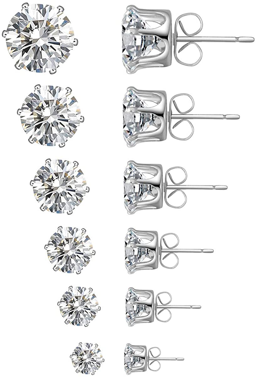 6 Pairs Stud Earrings Set,Clear Cubic Zirconia 316L Stainless Steel Earrings for Women for Men 3-8Mm