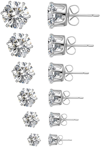6 Pairs Stud Earrings Set,Clear Cubic Zirconia 316L Stainless Steel Earrings for Women for Men 3-8Mm