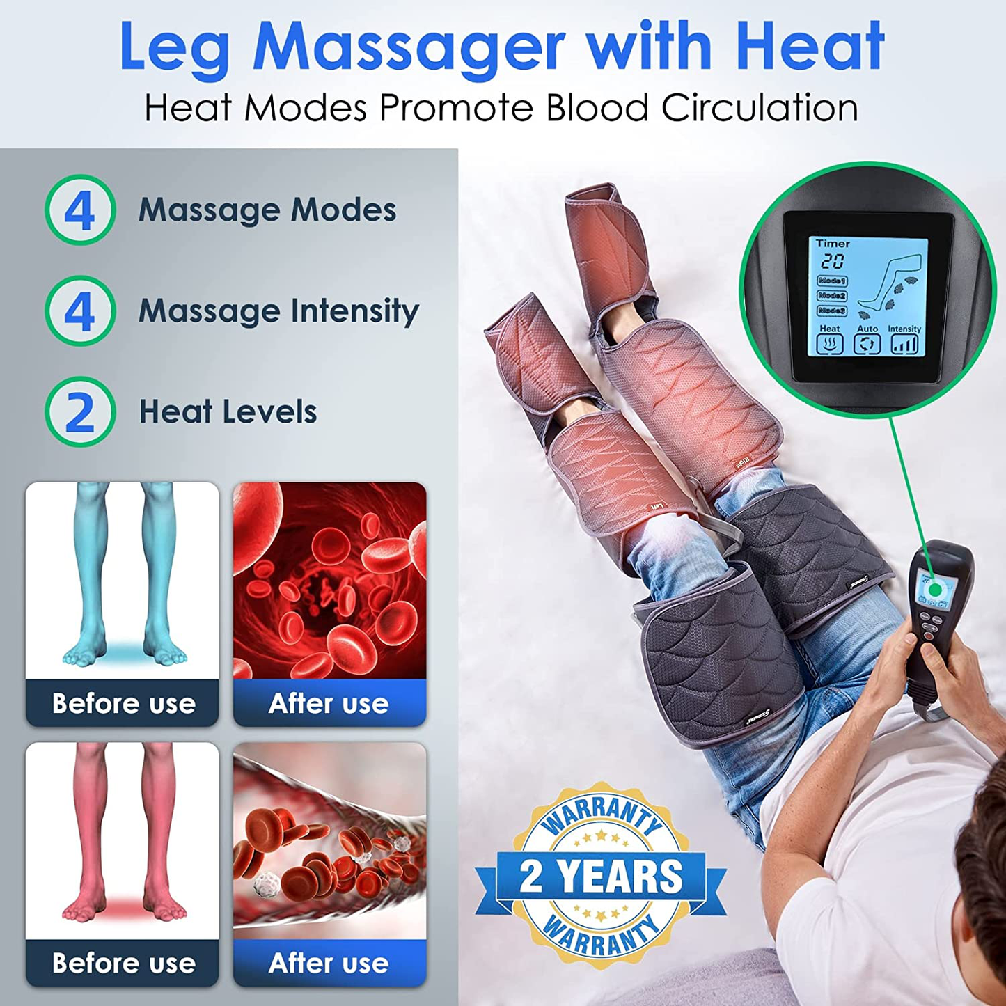 Leg Massager for Circulation & Relaxation, Air Compression Calf Feet Thigh Massage, Muscle Pain Relief, Adjustable Wraps for Most Size with 4 Modes 4 Intensities 2 Heat