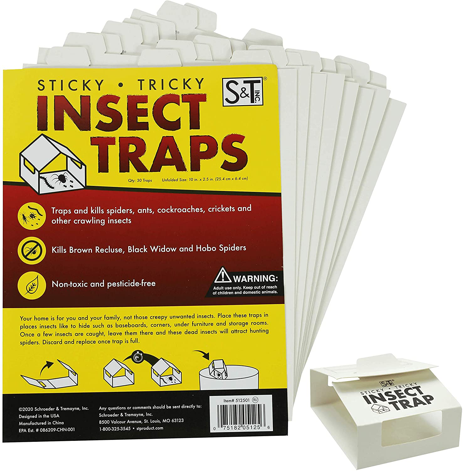 S&T INC. 512501 30pk Insect Traps, Brown Recluse, Hobo Spiders, Black Widows, White
