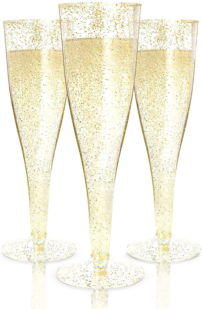 24 Plastic Champagne Flutes Disposable | Gold Glitter Plastic Champagne Glasses for Parties | Glitter Clear Plastic Cups | Plastic Toasting Glasses | Mimosa | Wedding and Shower Party Supplies
