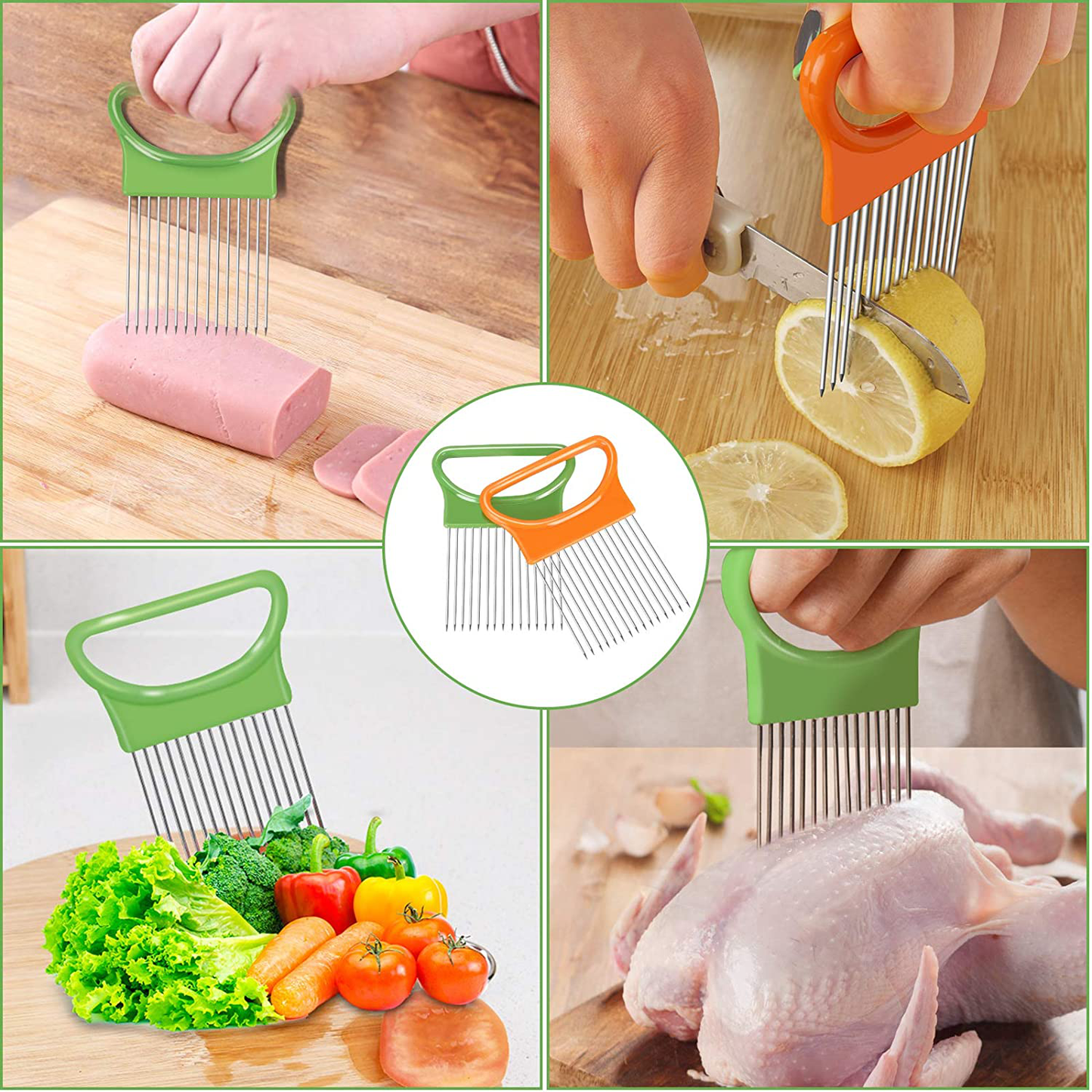 2Pcs Ruooson Onion Holder for Slicing, Stainless Steel Prongs Kitchen Slicer, Lemon Cucumber Cutter Comb,Meat Tenderizer,Green and Orange (Orange)