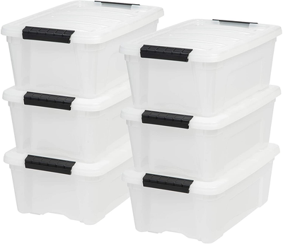 IRIS USA TB Pearl Plastic Storage Bin Tote Organizing Container with Durable Lid and Secure Latching Buckles, 12 Qt, 6 Count