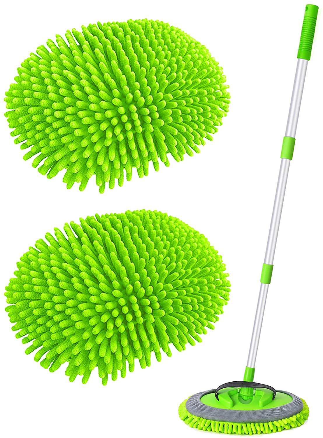 Conliwell 2 in 1 Car Wash Brush Mop Mitt Kit, Car Cleaning Kit Brush Duster, 45" Aluminum Alloy Long Handle, 2Pcs Chenille Microfiber Mop Heads, Extension Pole, Scratch Free Car Cleaning Tool Supplies