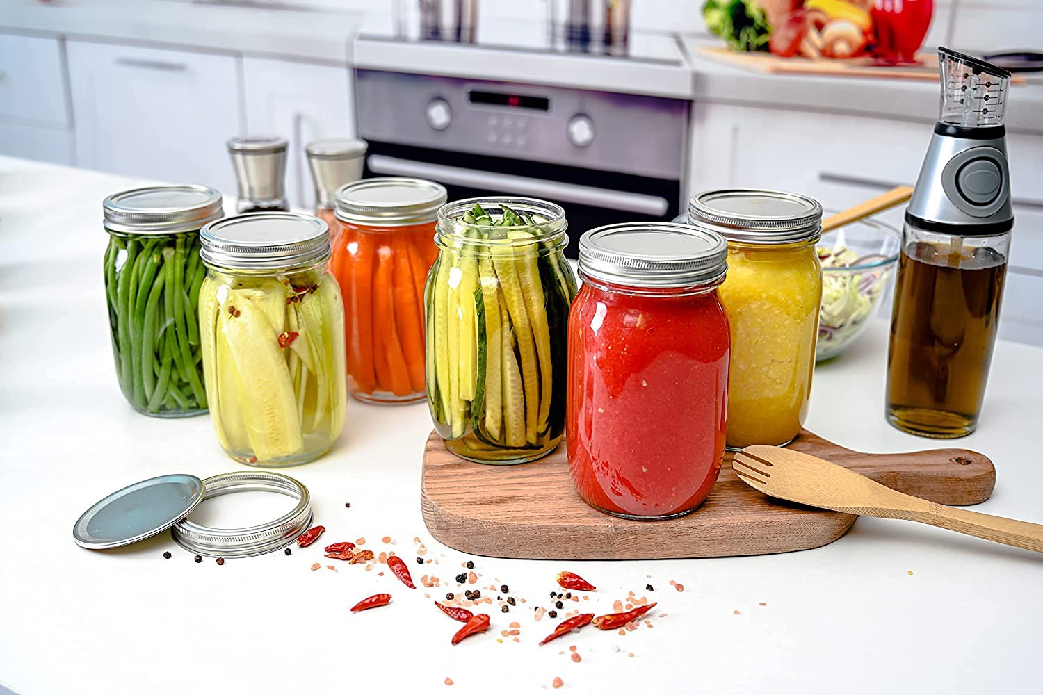 Set of 6 - 32oz Glass Mason Jars with lids - Airtight Band + Marker & Labels - Canning Jars with Lid - Regular Mouth - Ideal for Jelly Jar, Jam, Honey, Wedding Favors, Spice Jars, Meal Prep, Smoothie Cups, Preserving, Canning Rack.