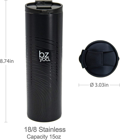 bzyoo Brew 18/8 Stainless Vacuum Drinking BPA-Free 16oz Coffee Mug Water Thermal Bottle with Leak Proof Design for Hike Camping Holiday New Year Gifts Wellness (Organica, Black)