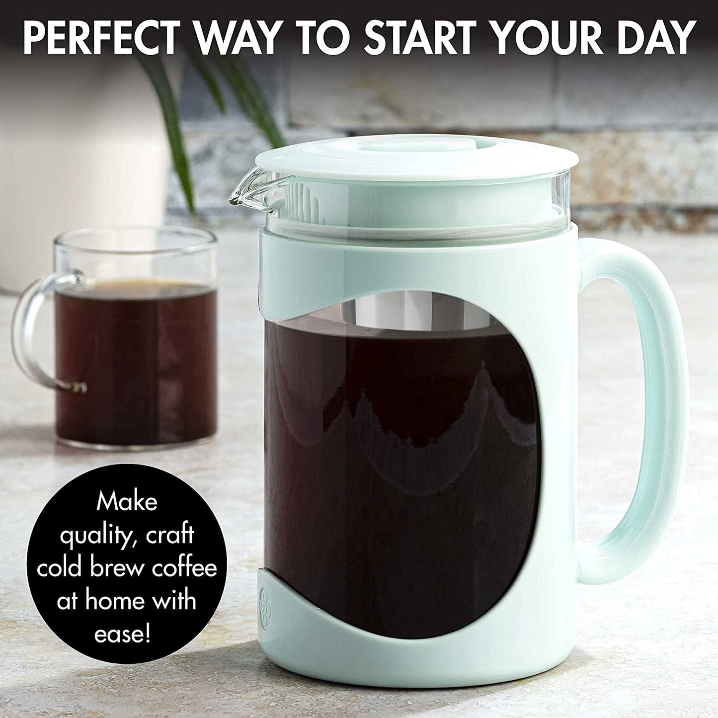 Primula Burke Deluxe Cold Brew Iced Coffee Maker, Comfort Grip Handle, Durable Glass Carafe, Removable Mesh Filter, Perfect 6 Cup Size, Dishwasher Safe, 1.6 Qt, White