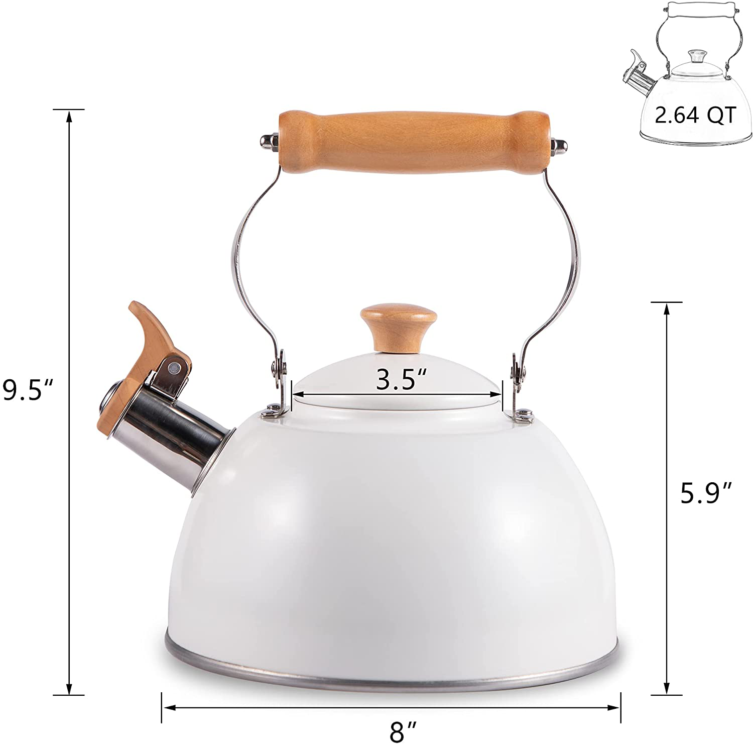 ROCKURWOK Tea Kettle Stovetop Whistling Teapot, Stainless Steel, 2.64-Quart White