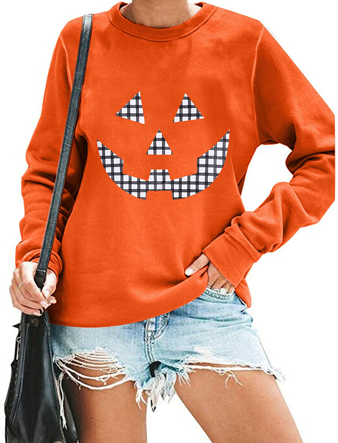 Women's Halloween Pumpkin Face Long Sleeve Sweatshirts Lightweight Casual Pullover Tops