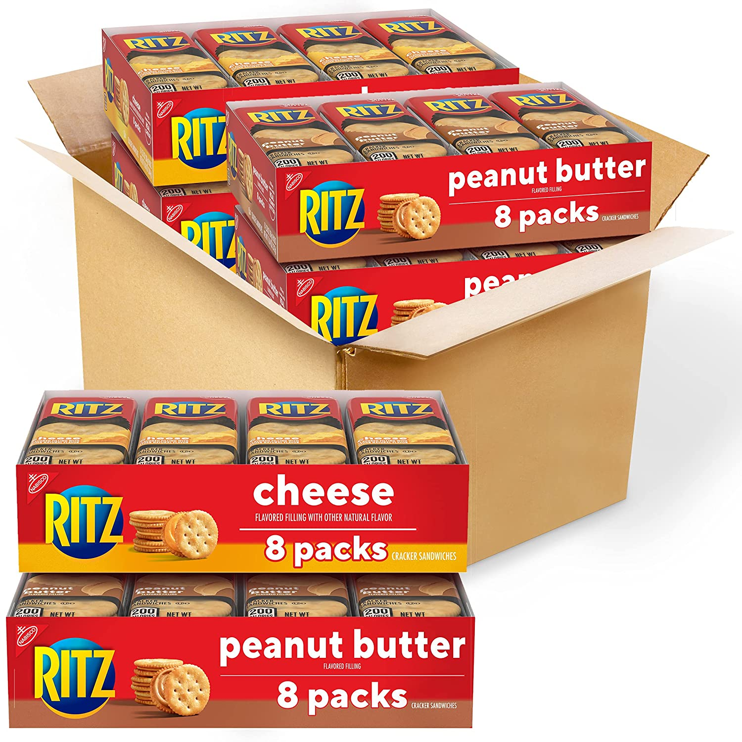 RITZ Peanut Butter Sandwich Cracker Snacks and Cheese Sandwich Crackers, Snack Crackers Variety Pack, 32 Snack Packs