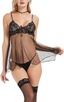 Women Babydoll Lingerie, Lace Nightgown Open Front V Neck Nightwear with Stockings