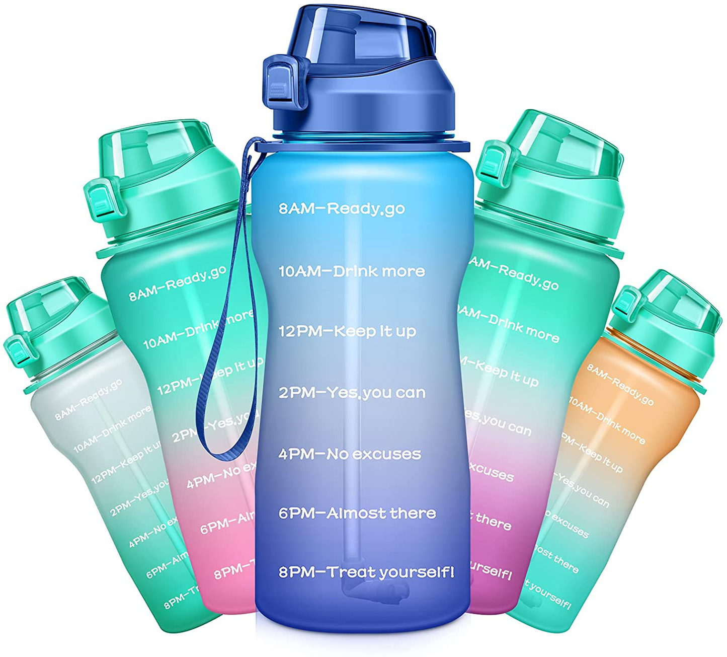 Ahape Gallon Motivational 64/100 oz Water Bottle with Time Marker & Straw, Large Daily Water Jug for Fitness Gym Outdoor Sports, Remind of All Day Hydration, Leak Proof, BPA Free (blue+purple, 100oz)