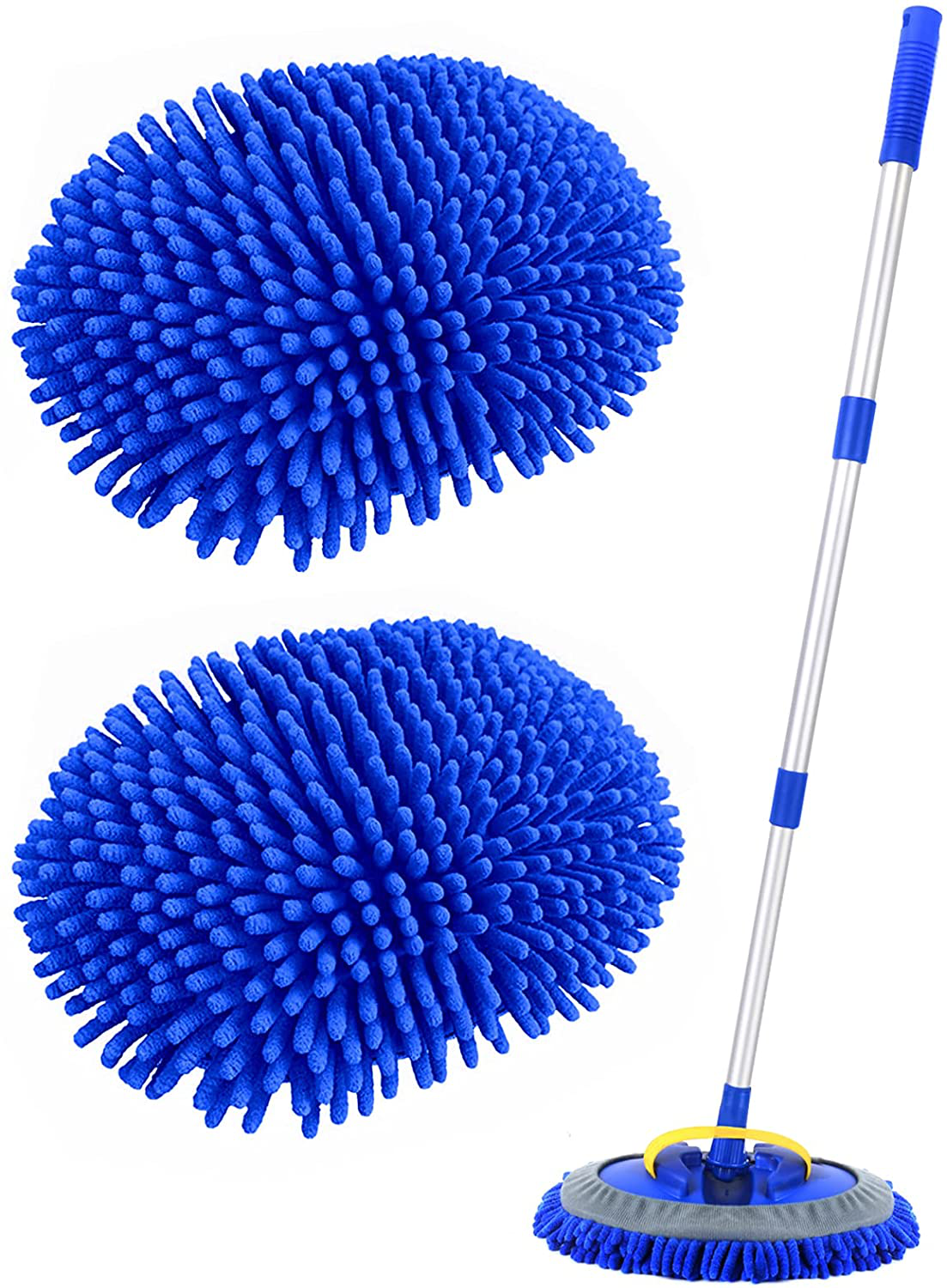 Conliwell 2 in 1 Car Wash Brush Mop Mitt Kit, Car Cleaning Kit Brush Duster, 45" Aluminum Alloy Long Handle, 2Pcs Chenille Microfiber Mop Heads, Extension Pole, Scratch Free Car Cleaning Tool Supplies