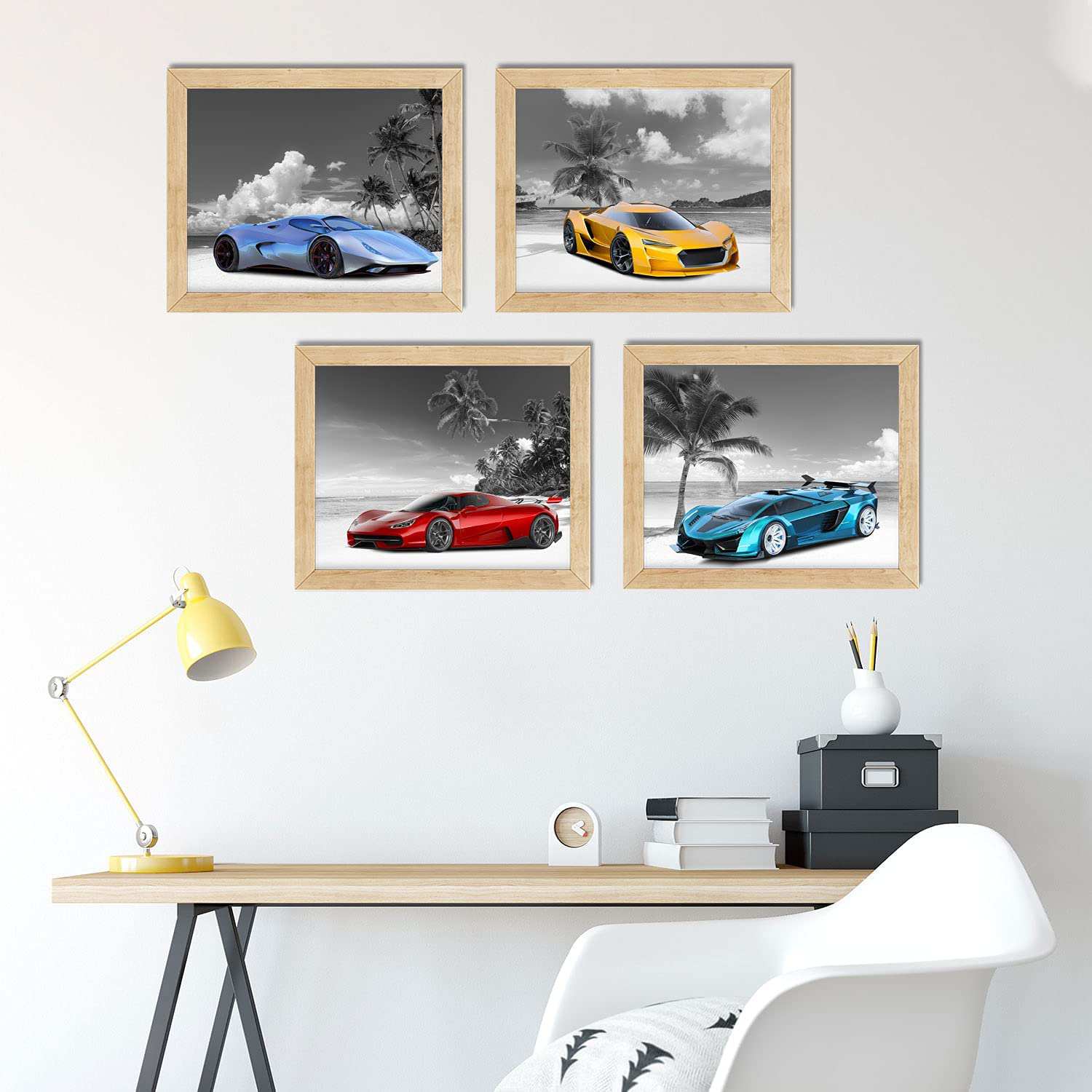 Greyscale Beach Car Poster, Car Posters for Boys Room & Car Wall Art - Set of 4 (8x10in) Car Art Prints, Boys Room Decor Teen Men - Car Room Decor, Car Wall Decor Unframed Posters For Boys Room