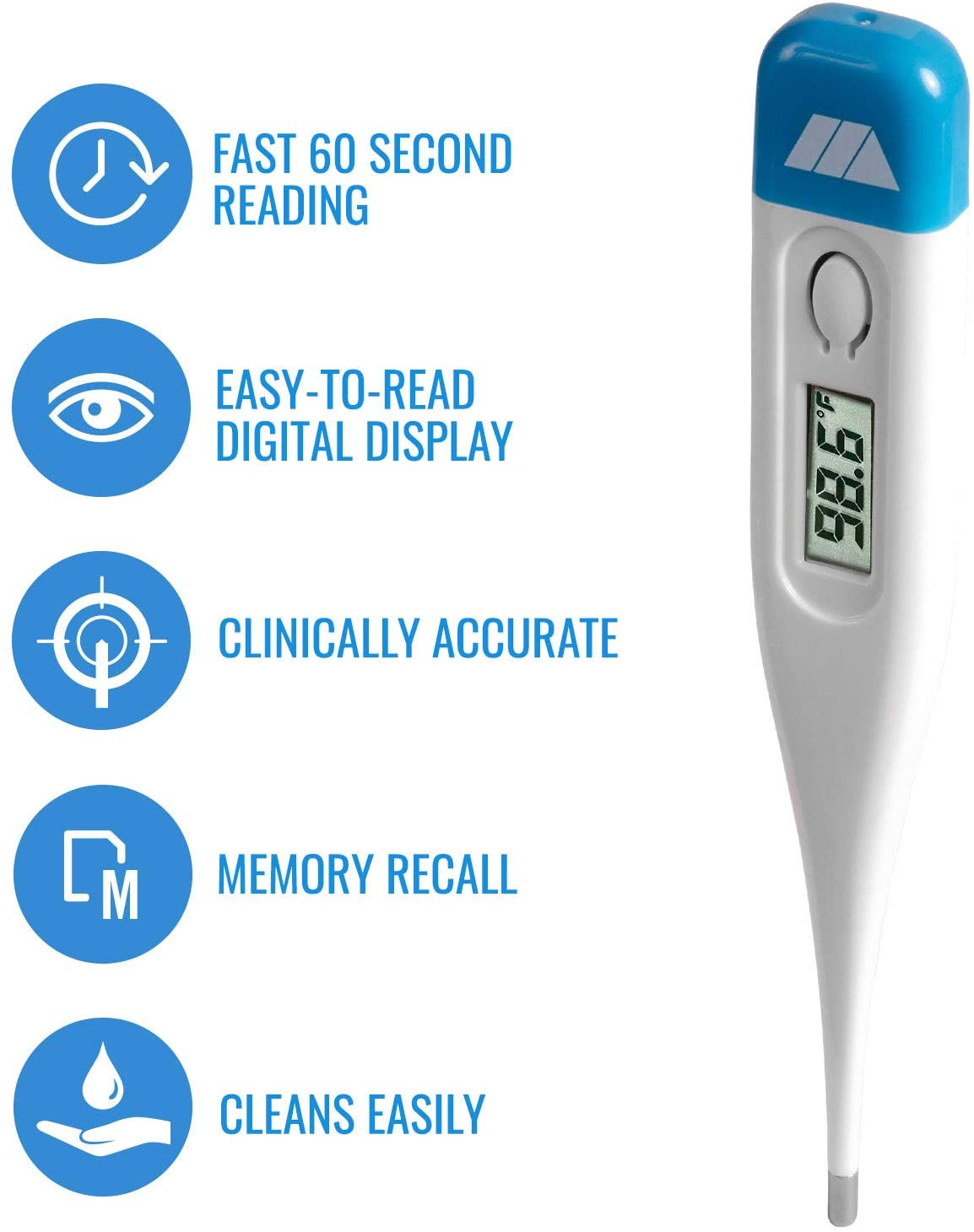 MABIS Digital Thermometer for Adults, Thermometer for Adults, Children and Babies, Oral Thermometer, Rectal Thermometer, Underarm Thermometer, Temperature Thermometer, 60 Seconds Readings, Blue