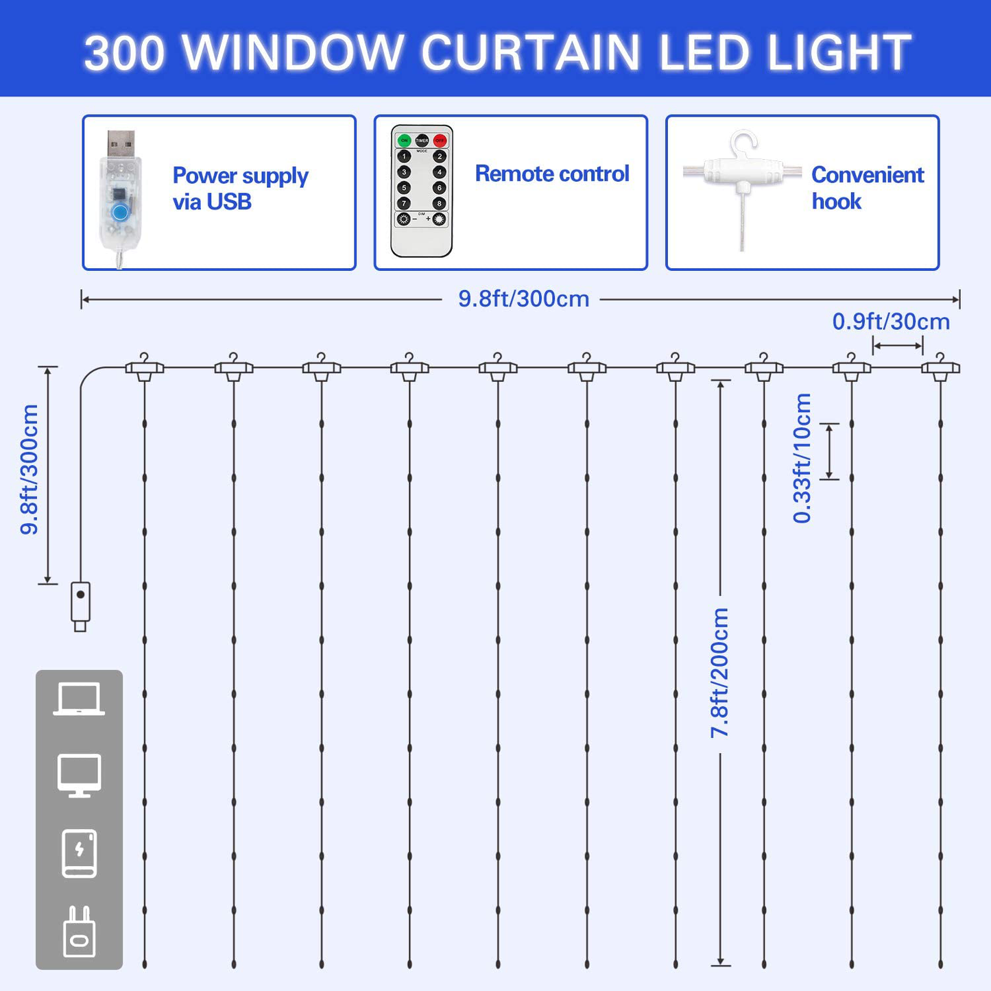 Window Curtain String Light 300 LEDs USB Powered Waterproof Fairy Lights 8 Lighting Modes Remote Control Lights for Christmas Bedroom Party Wedding Home Garden Wall Decorations, (White)