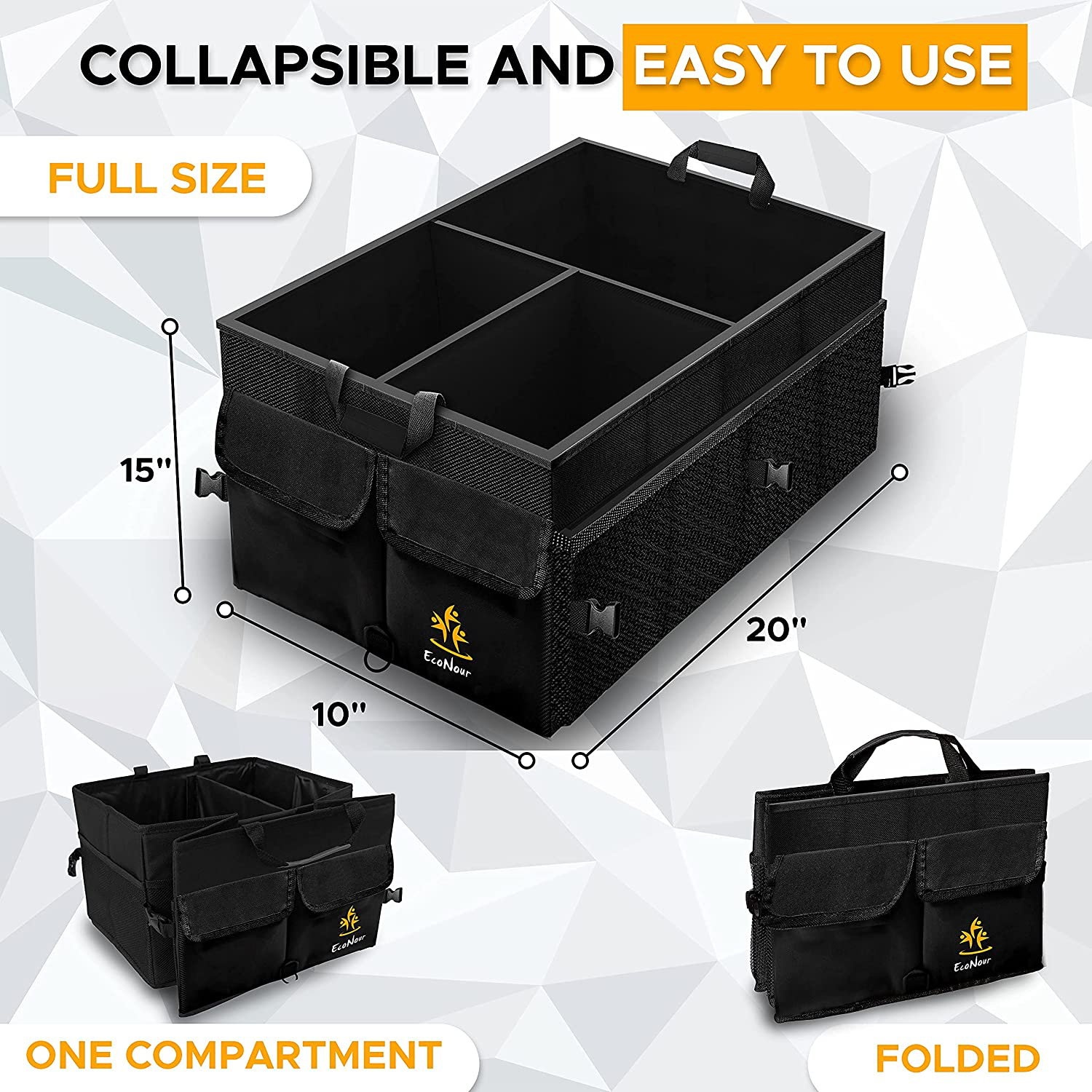 EcoNour Trunk Organizer with Detachable Dividers | Tough and Sturdy Trunk Organizers and Storage SUV with Straps | Foldable Automotive Consoles & Organizers with Non-Slip Bottom & Multiple Lid Pockets