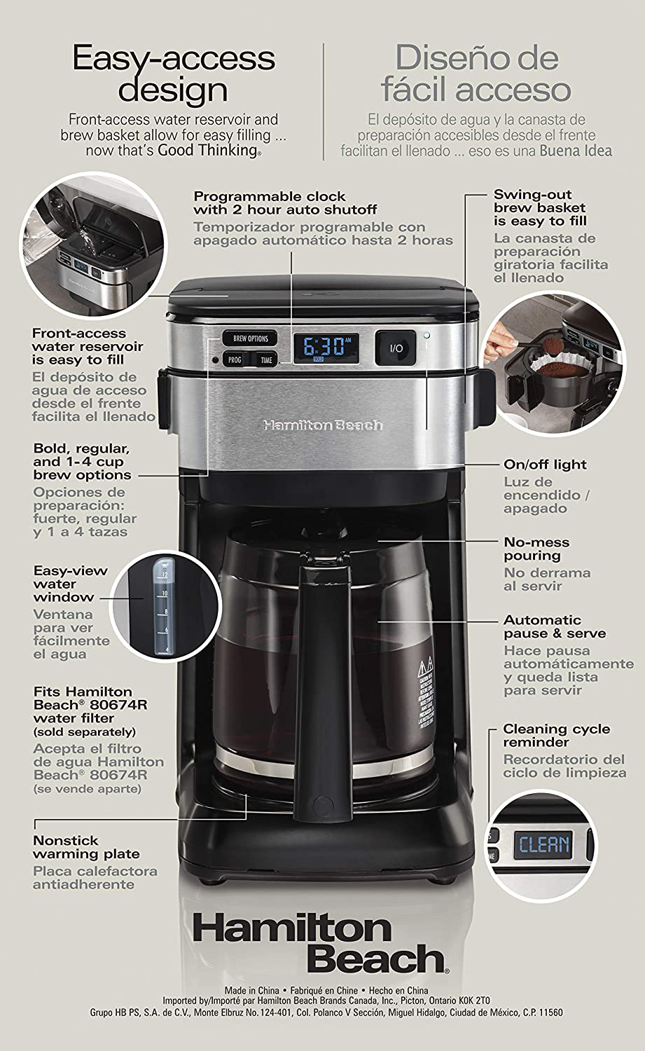 Hamilton Beach Programmable Coffee Maker, 12 Cups, Front Access Easy Fill, Pause & Serve, 3 Brewing Options, Black (46310)