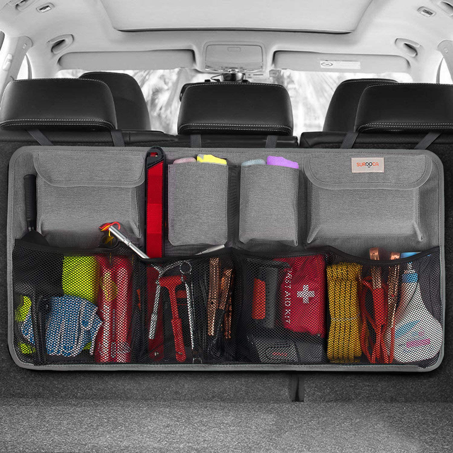 SURDOCA Car Trunk Organizer, 3Rd Gen [7 Times Upgrade] Super Capacity Car Organizer, Equipped with [Robust Elastic Net & 3 Magic Stick] Car Trunk Tidy Storage Bag with Lids, Space Saving Expert