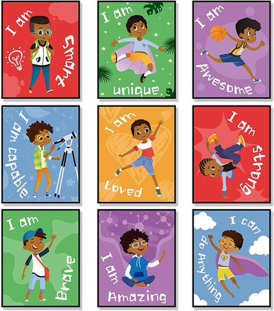 Set of 9 Boys Room Bedroom Decor Black Boy Wall Decoration Art Decor Motivational Black Boy Posters Wall Decorations Motivational Wall Decor Art for Tween Boys Room (Unframed, 8 x 10 Inch)