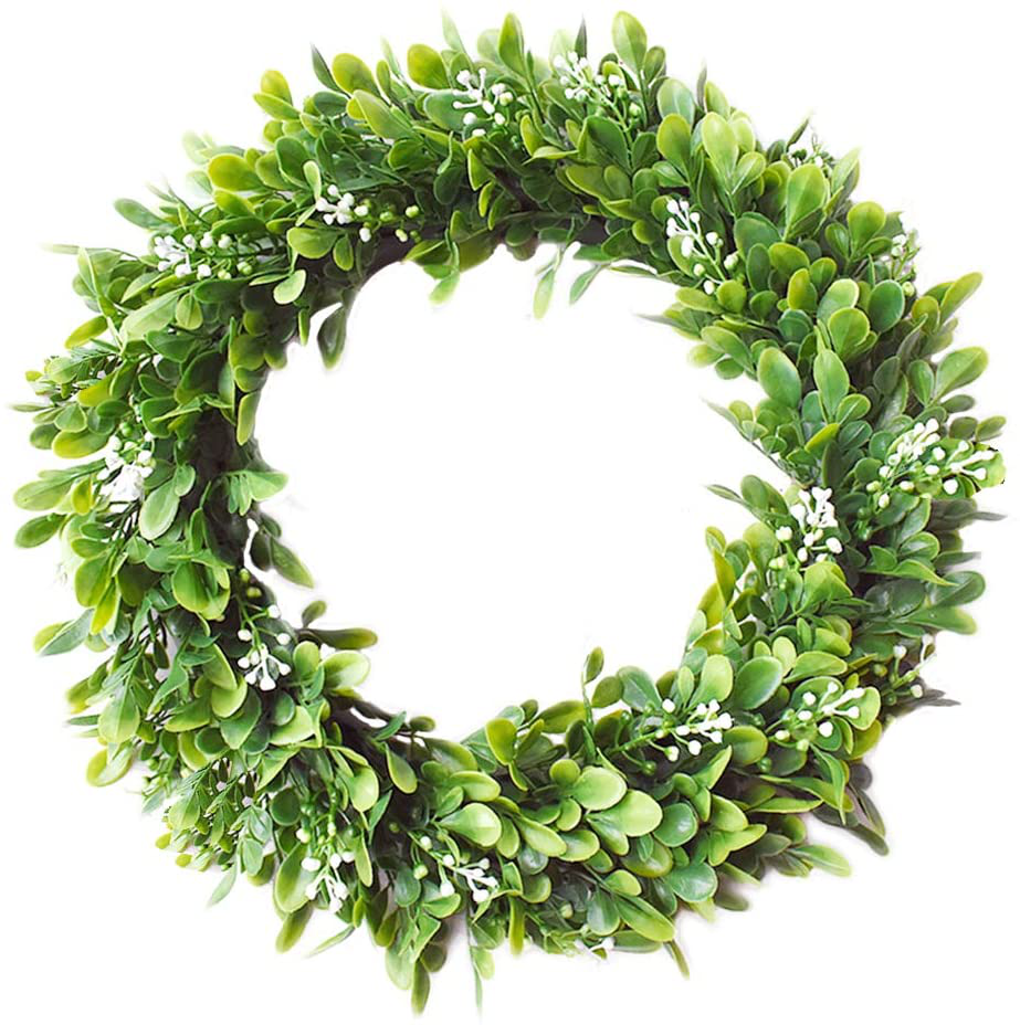 Palmhill 16 inch Wreath Front Door, Artificial Plastic Green Leaf Lavender Wreath with Bow Spring Farmhouse Hoop Wreath Greenery Garland for for Father's Day Home Kitchen Office Wall Window All-Season