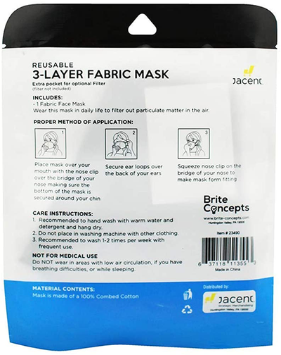 Brite Concepts Reusable Washable 3-Layer Fabric Mask (100% Combed Cotton): One Mask per Pack