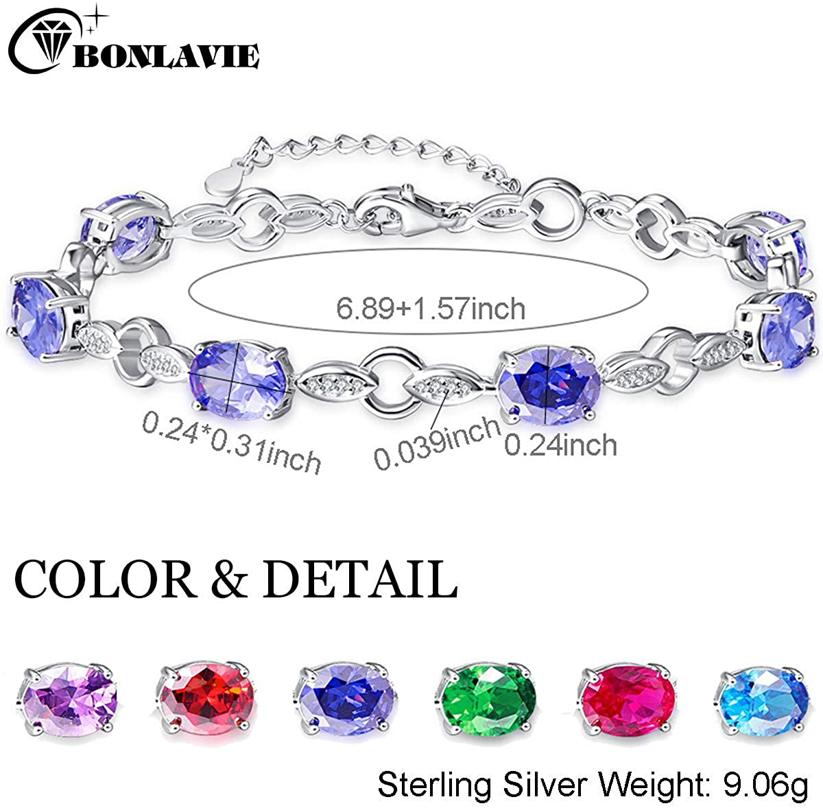 Women’S round Cut White Cubic Zirconia Birthstone 925 Sterling Silver Link Chain Bracelet 6.89”