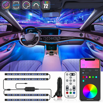 Interior Car Lights,ECOLOR Car Led Lights with 2 Lines Waterproof Design, 72 LEDs APP and Remote Control RGB Led Lights for Car, Music Sync Color Change Car Accessories with Car Charger DC 12V