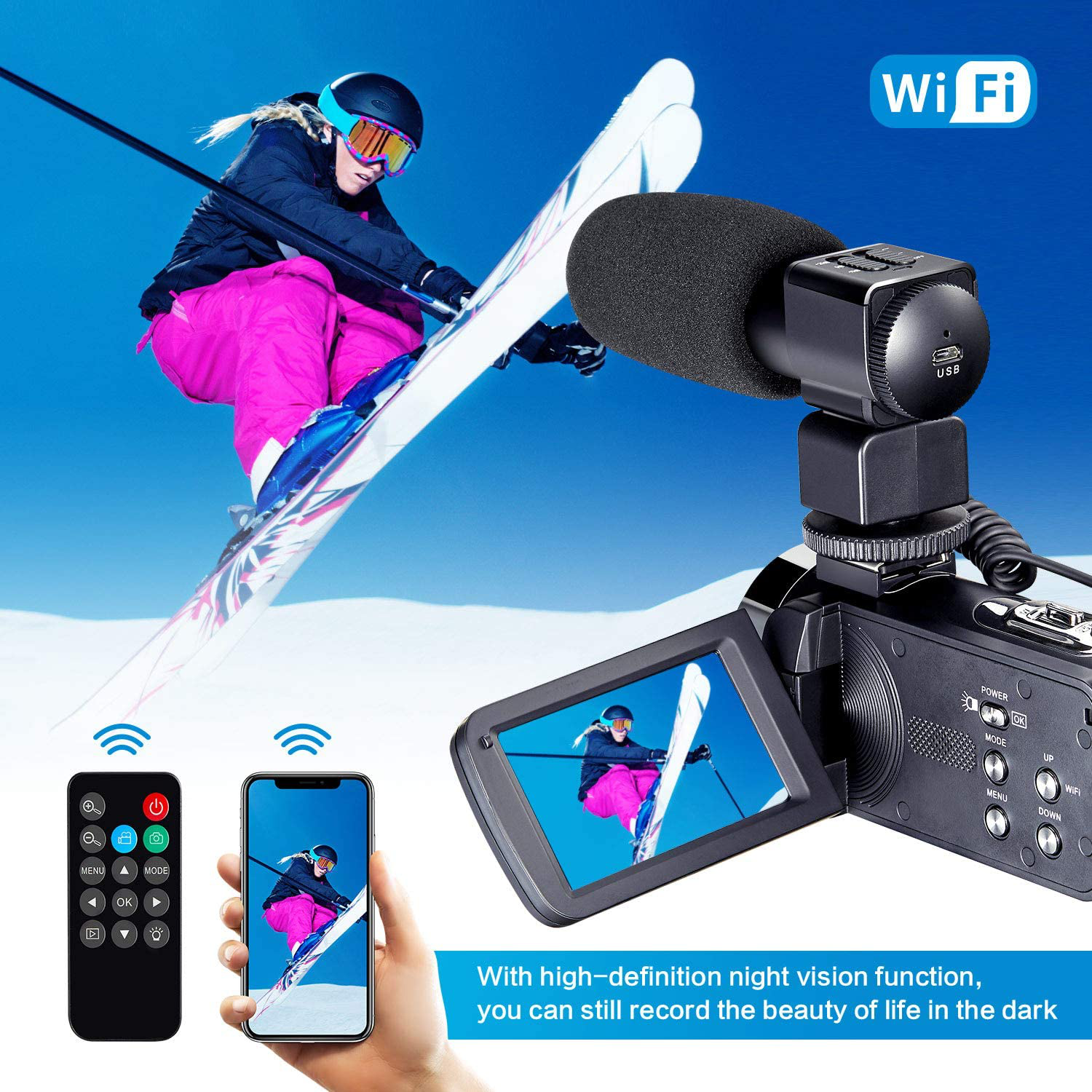 4K Camcorder Vlogging Camera for YouTube Ultra HD 4K 48MP Video Camera with Microphone & Remote Control WiFi Digital Camera 3.0" IPS Touch Screen
