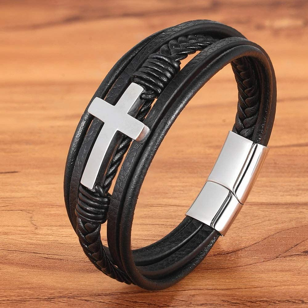 Multi-Layer Braided Leather Bracelets with Magnetic Clasp Mens Cuff Bracelets for Men Genuine Leather Bracelet Christian Leather Bracelet Cross Religious Leather Bracelets