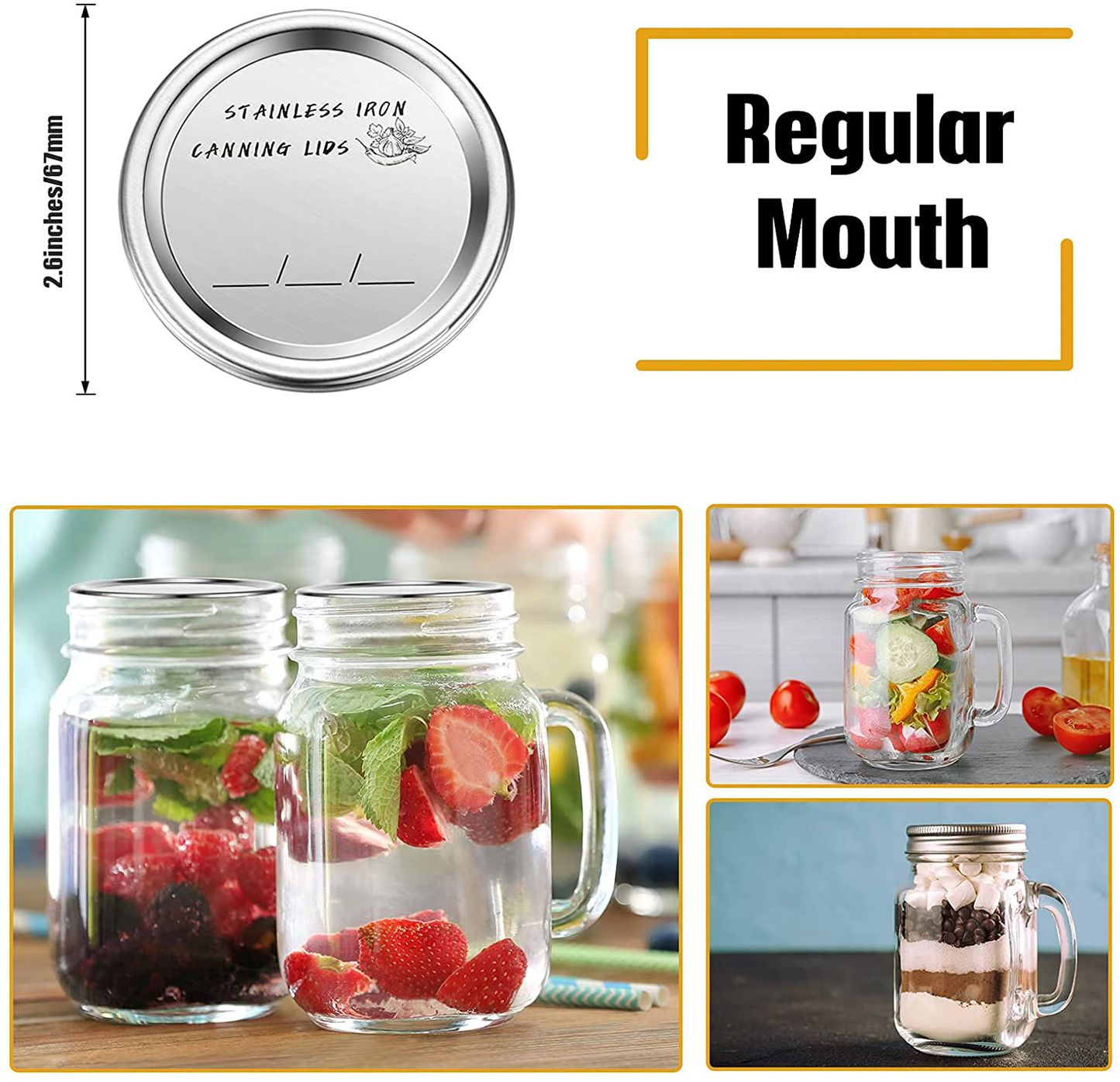 70 mm Canning Lids Mason Can Jar Lids Split-Type Regular Mouth Lids with Silicone Seals Rings Reusable Leakproof Lids Storage Solid Caps Flat Sealing (100 Pieces)