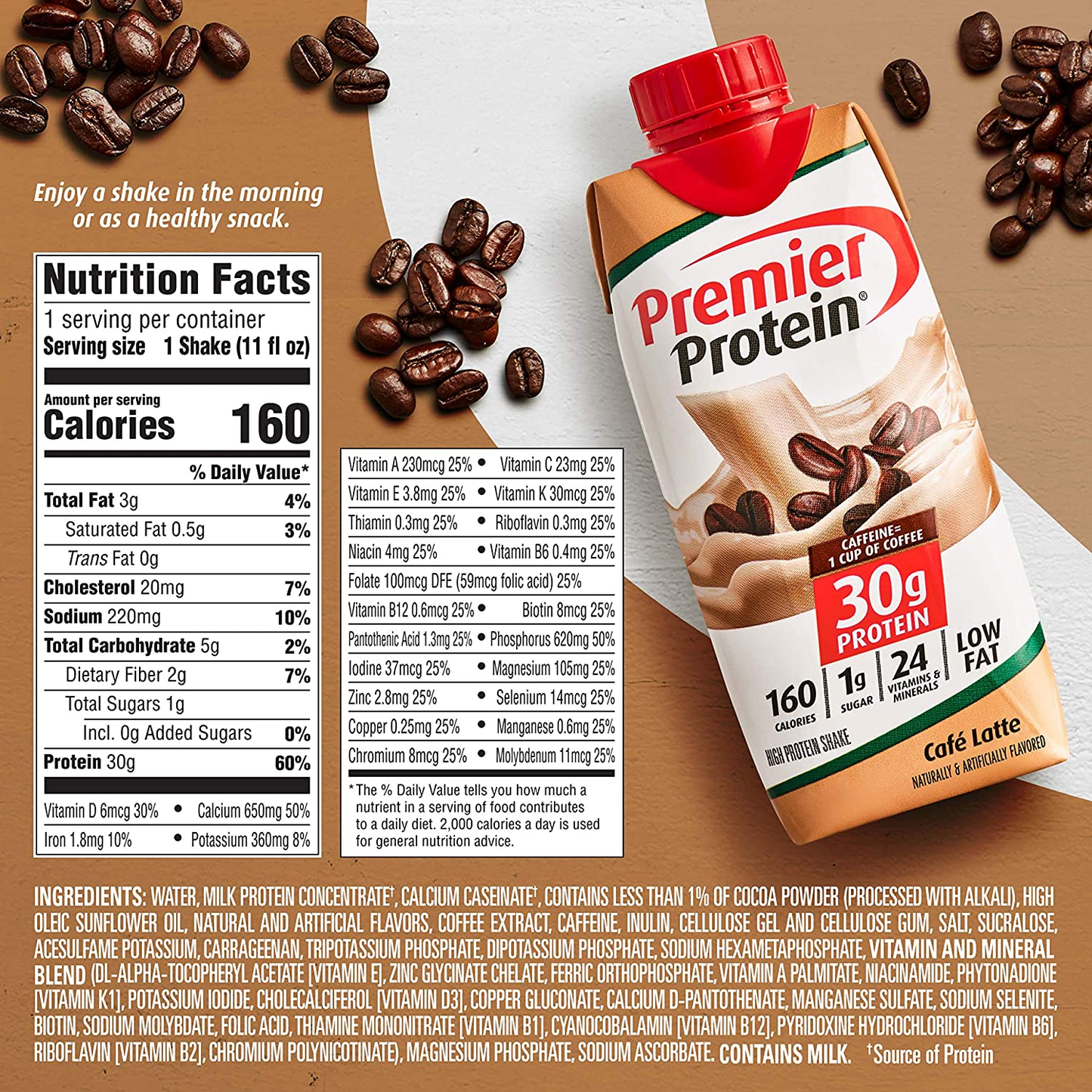 Premier Protein Shake, Café Latte, 30G Protein, 1G Sugar, 24 Vitamins & Minerals, Nutrients to Support Immune Health, 11 Fl Oz, 4 Count