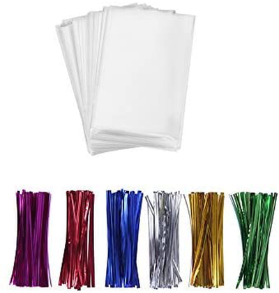 200 Treat Bags 3x4 with 200 Twist Ties 4" 6 Mix Colors - 1.4 mils Thickness OPP Plastic Bags for Lollipop Candy Cake Pop Chocolate Cookie Wrapping Buffet
