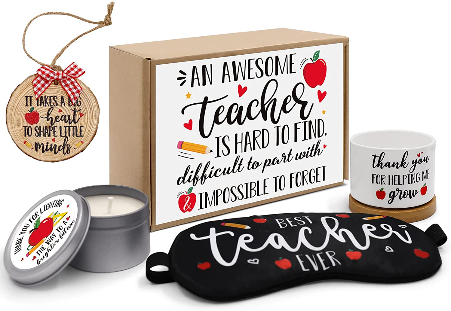 Teacher Appreciation Gift Basket Birthday Christmas Gift Box for Master Tutor Mr. Mrs with Holiday Ornament Patch Succulent Plant Pot Greeting Card Apple Candle Present Idea from Student Set of 4