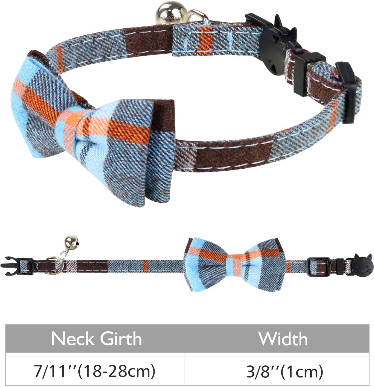 Joytale Breakaway Cat Collar with Bow Tie and Bell, Cute Plaid Patterns, 1 Pack Kitty Safety Collars,Haze Blue