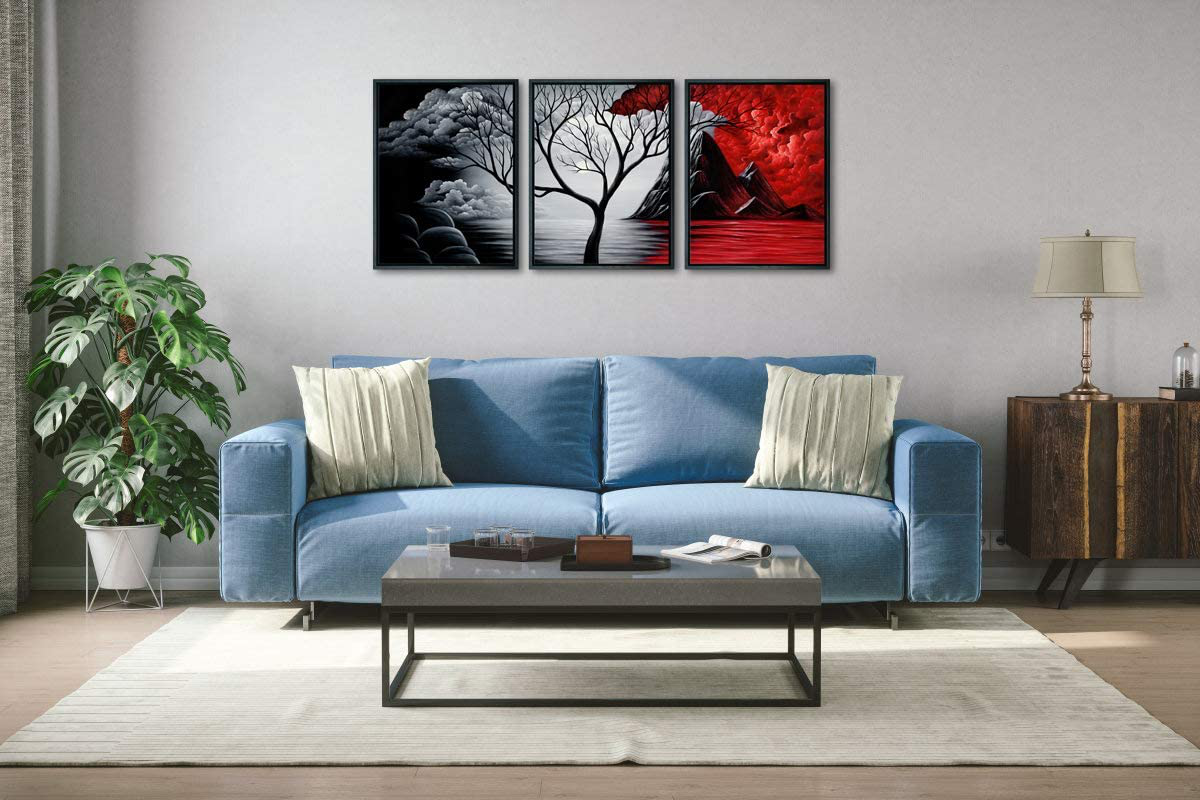 Wieco Art Framed Art the Cloud Tree Wall Art HD print of Oil Paintings Giclee Landscape Canvas Prints for Home Decorations, 3 Panels with Black Frames WAB3006M-BF