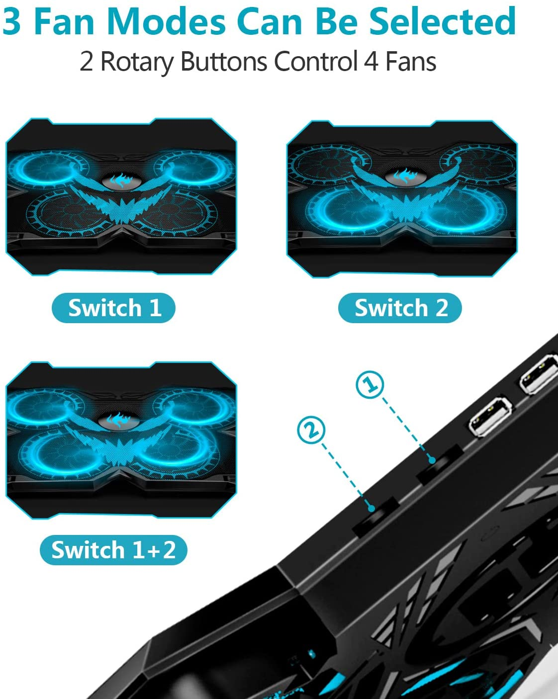 Laptop Cooling Pad, Gaming Laptop Cooler Stand with 4 Silent Big Fans for Notebook, Stable Cooling Pad for Laptop, 2 USB Powered Fan Compatible up to 17”, Control Fan Speed for PC, 2020 New (Blue)