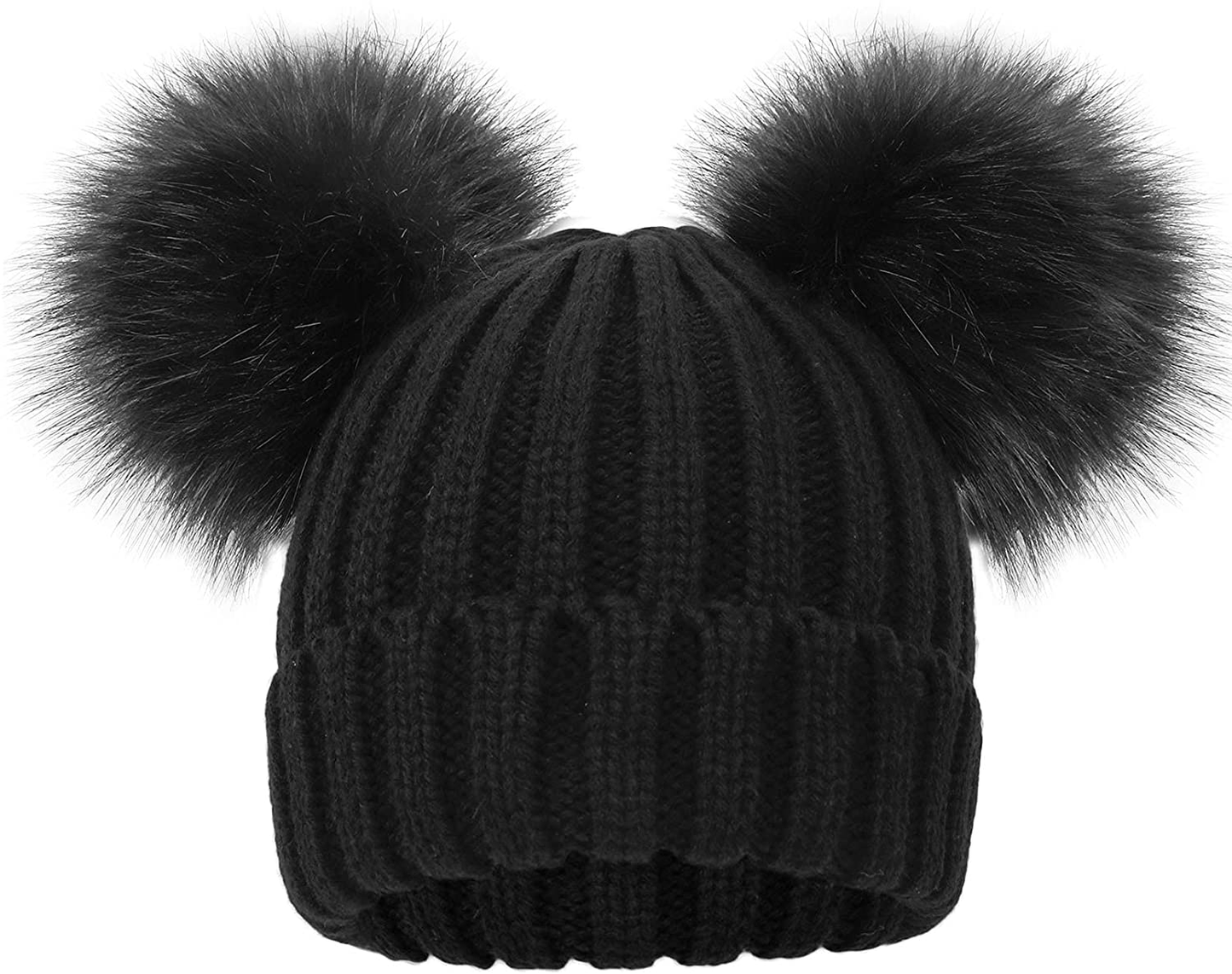 Simplicity Warm Kids Boys Girls Winter Hat with Pompom Ears Elastic Knitted Toddler Beanie Hats for Girls Boys