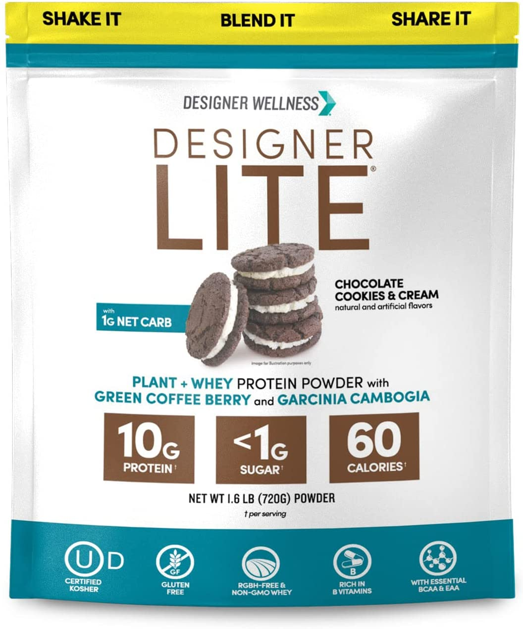 Designer Wellness, Designer Lite, Low Calorie Natural Protein, Prebiotic Fiber, Key Vitamins & Minerals,Chocolate Cookies & Cream, 9.03 Ounces