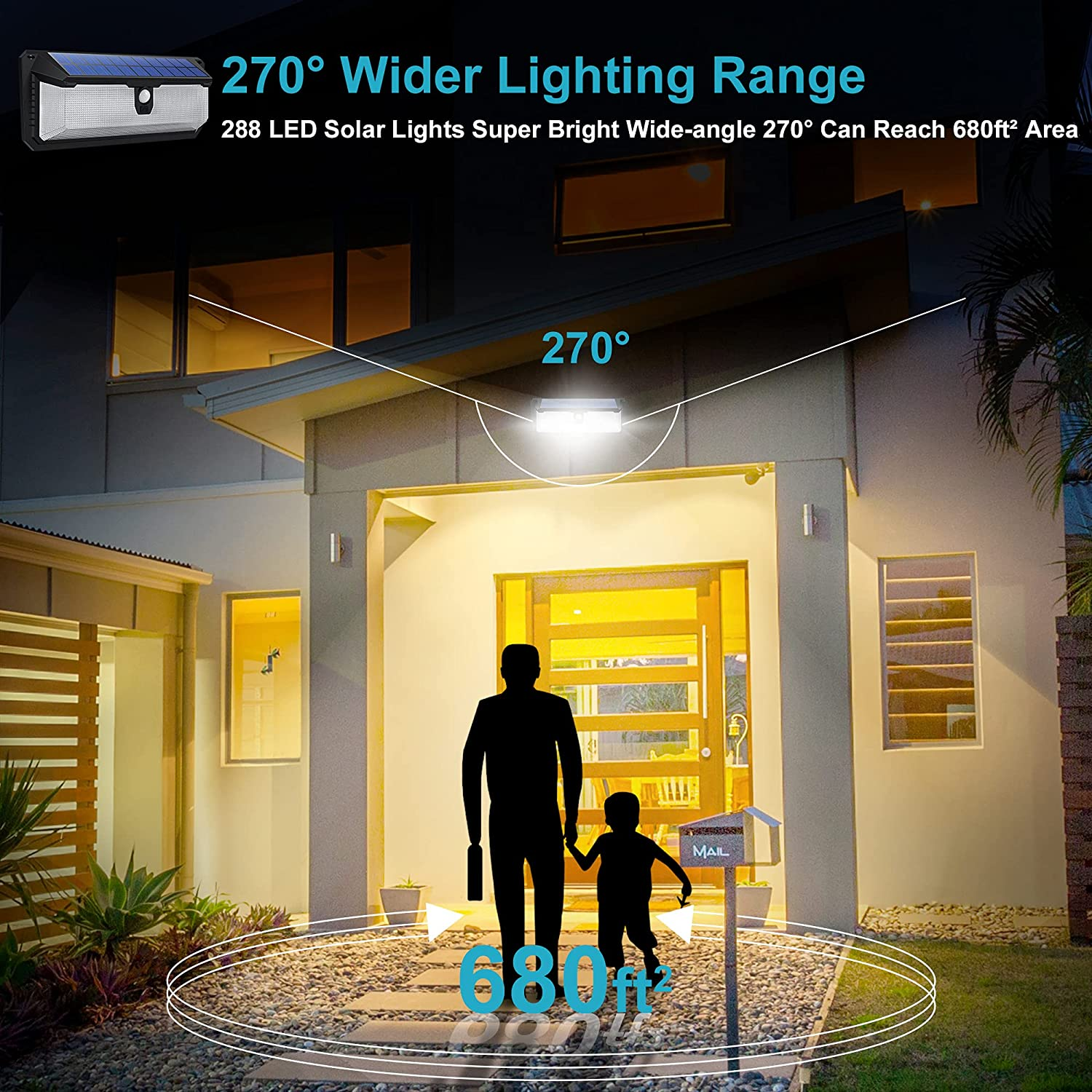 288 LED Solar Motion Sensor Lights Security Lights Motion Outdoor with 270° Wide Angle IP65 Waterproof Wireless Solar Wall Light for Garden Porch Fence Garage Deck