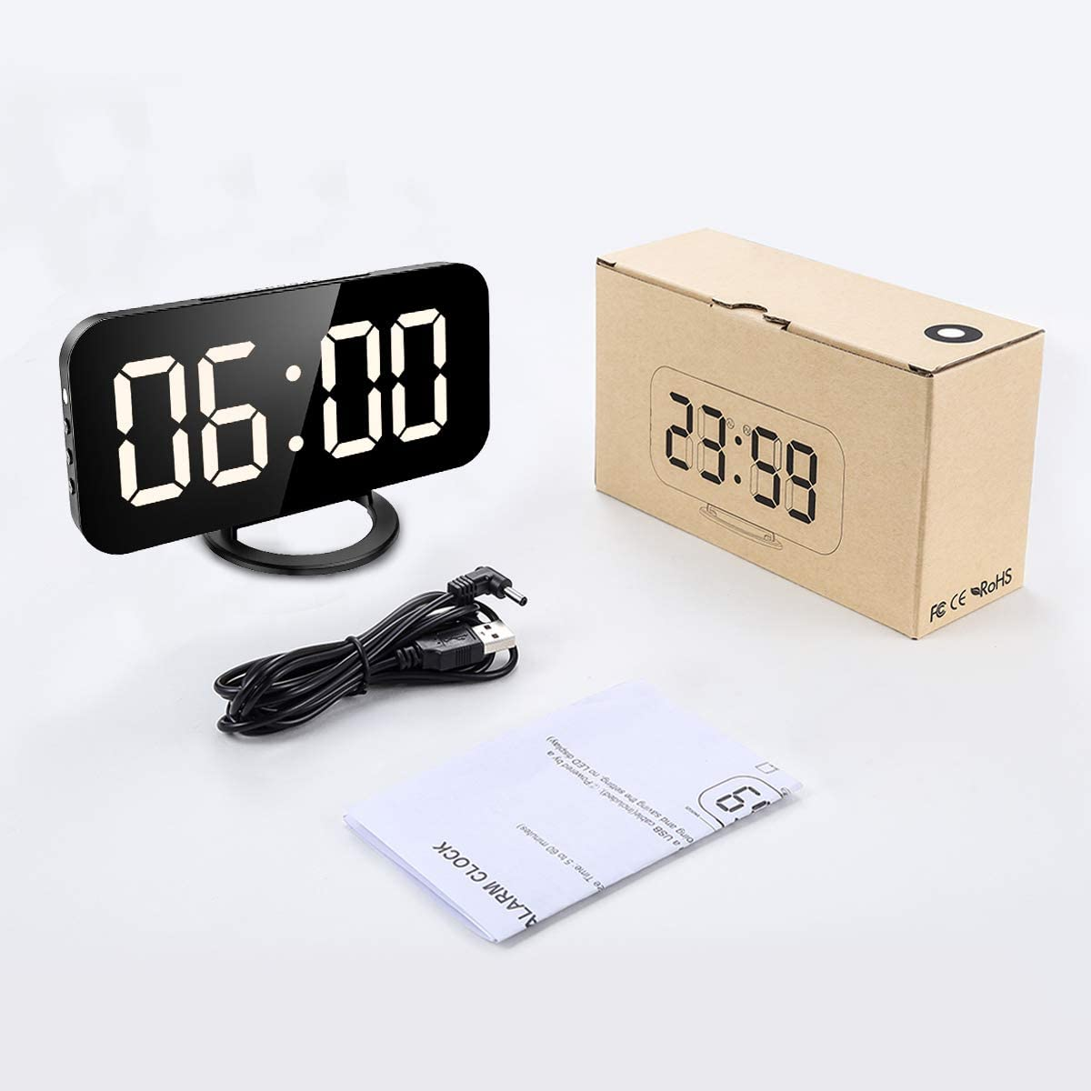 Digital Alarm Clock, Newest Version 6.5" Large Mirror Surface LED Clocks with Dual USB Charger Ports, Auto/Custom Brightness, 12/24H Display with Snooze Function for Bedroom Home Office (Black-White)