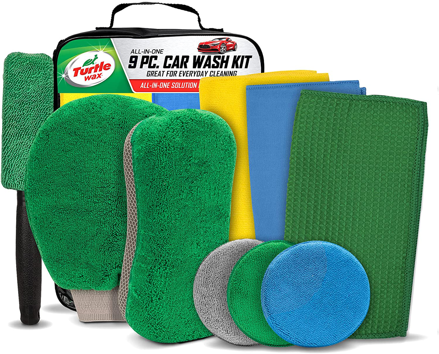 Turtle Wax 15-Peice Car Wash Bucket and Detailing Kit: Wash Mitt, Sponge, 2 Microfiber Cloths, Wax Applicator with 2 Pads, 5 Polishing Wipes, and Brush